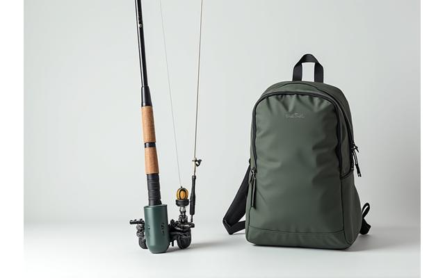 Accesorios esenciales para pesca urbana: soporte de caña portátil y mochila compacta.
