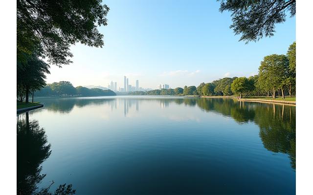 Lago en Casa de Campo con el skyline de Madrid al fondo.