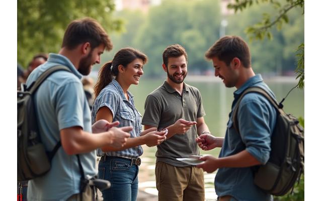 Grupo de pescadores urbanos de Madrid compartiendo experiencias junto a un río.