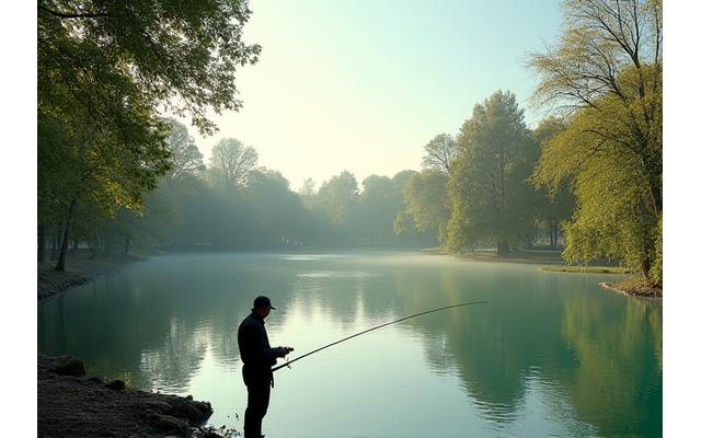 Estanque de El Retiro, Madrid, con personas pescando.