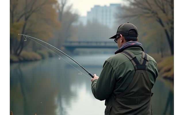Pescador operando con sigilo en un entorno urbano, mostrando técnica de lanzado.