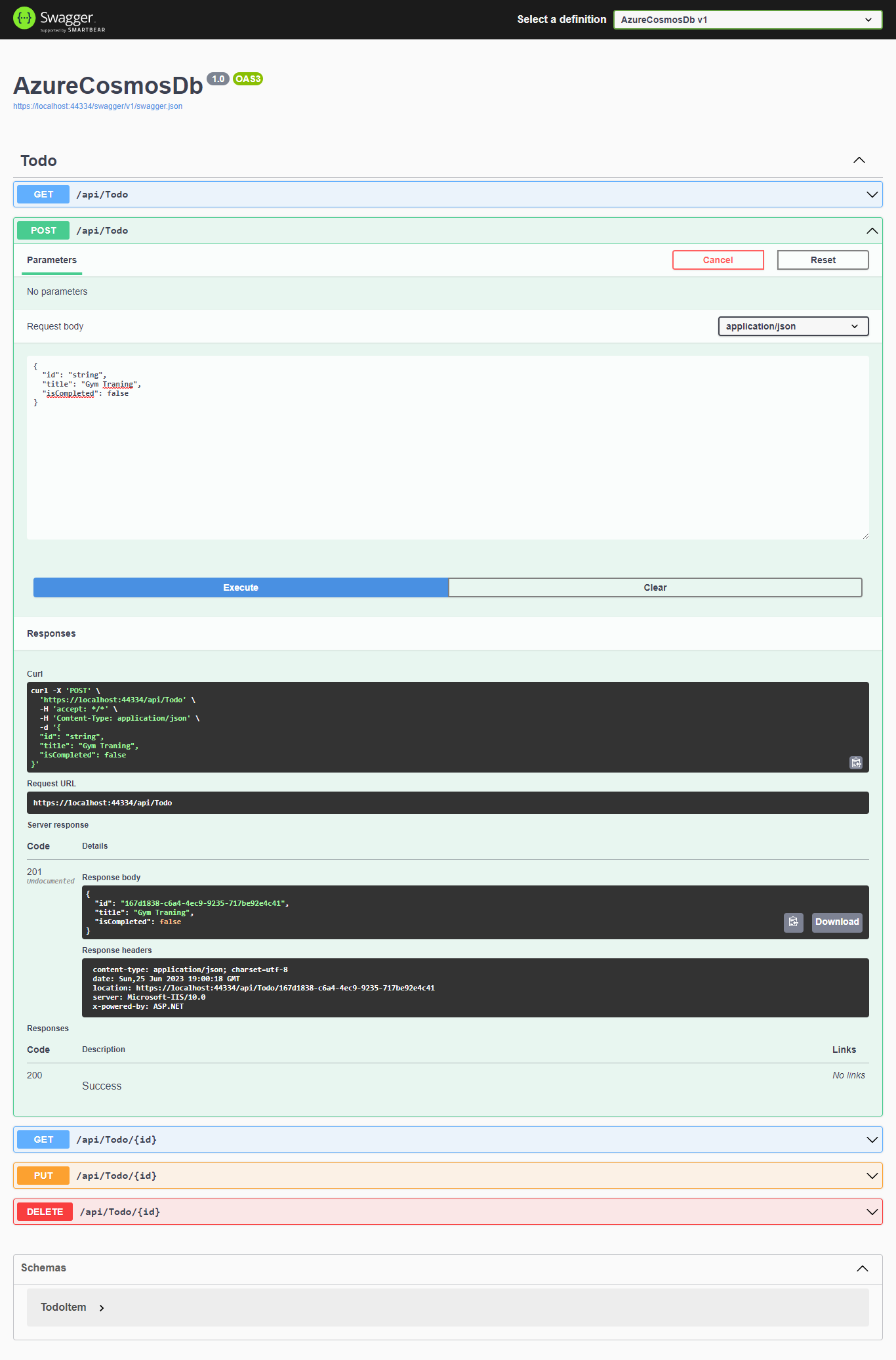 .net api with cosmosdb swagger